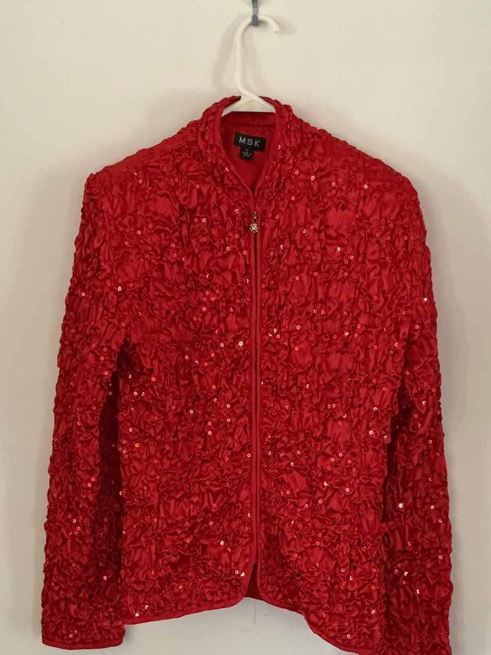 MSK Red Sequin Ruched Zip-Front Jacket - Size Medium